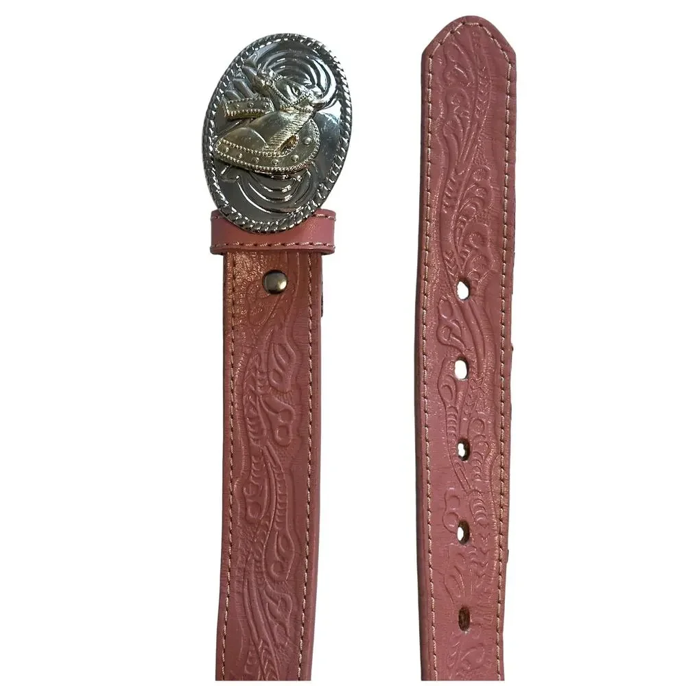 Nocona Pink Tooled Leather Belt Girls Size 22 Western Horse Pin Buckle